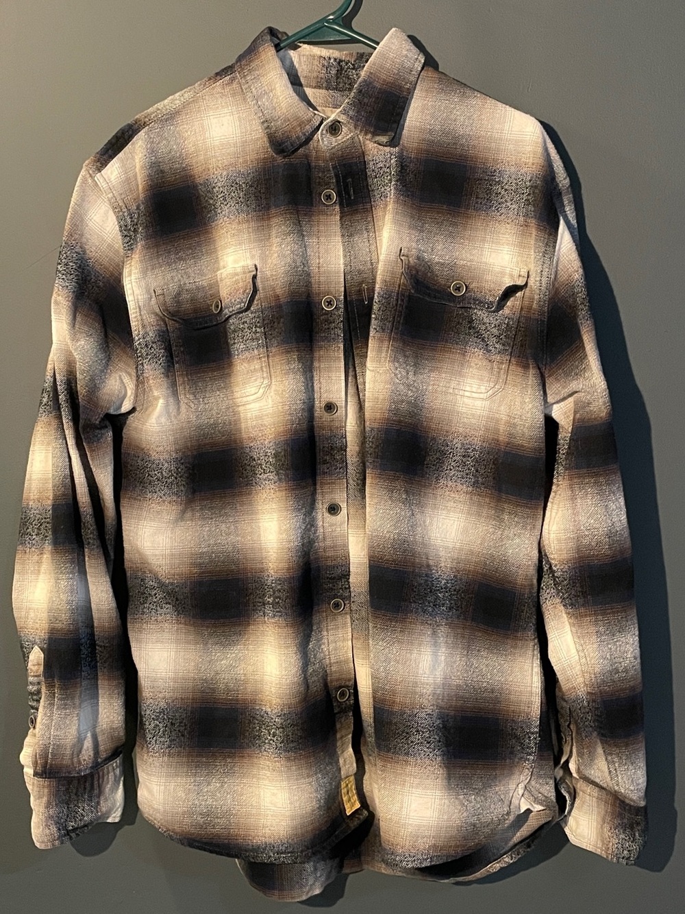 JACHS NY Men’s Flannel Shirt SZ LT LG Tall Navy Blue Brown Ombré Shadow Plaid